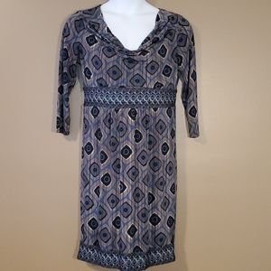 Gray and blue drape neck dress